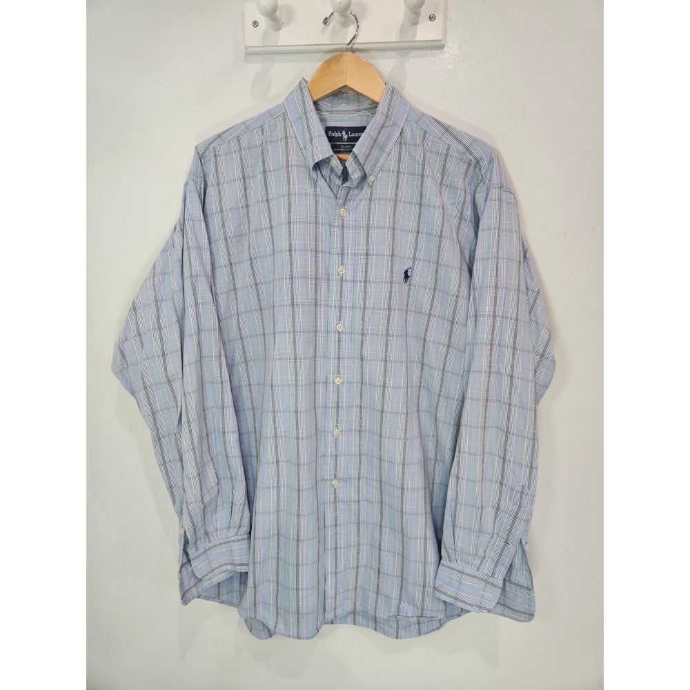 Ralph Lauren Blake Mens XL Blue Plaid Button Down Shirt 100% Two-Ply Cotton